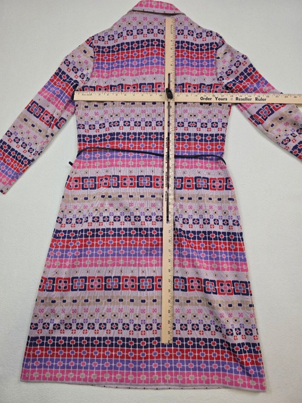 Vintage 60s 70s Kay Windsor S/M Long-Sleeve Belted Geometric Pattern Dress - Picture 4 of 4